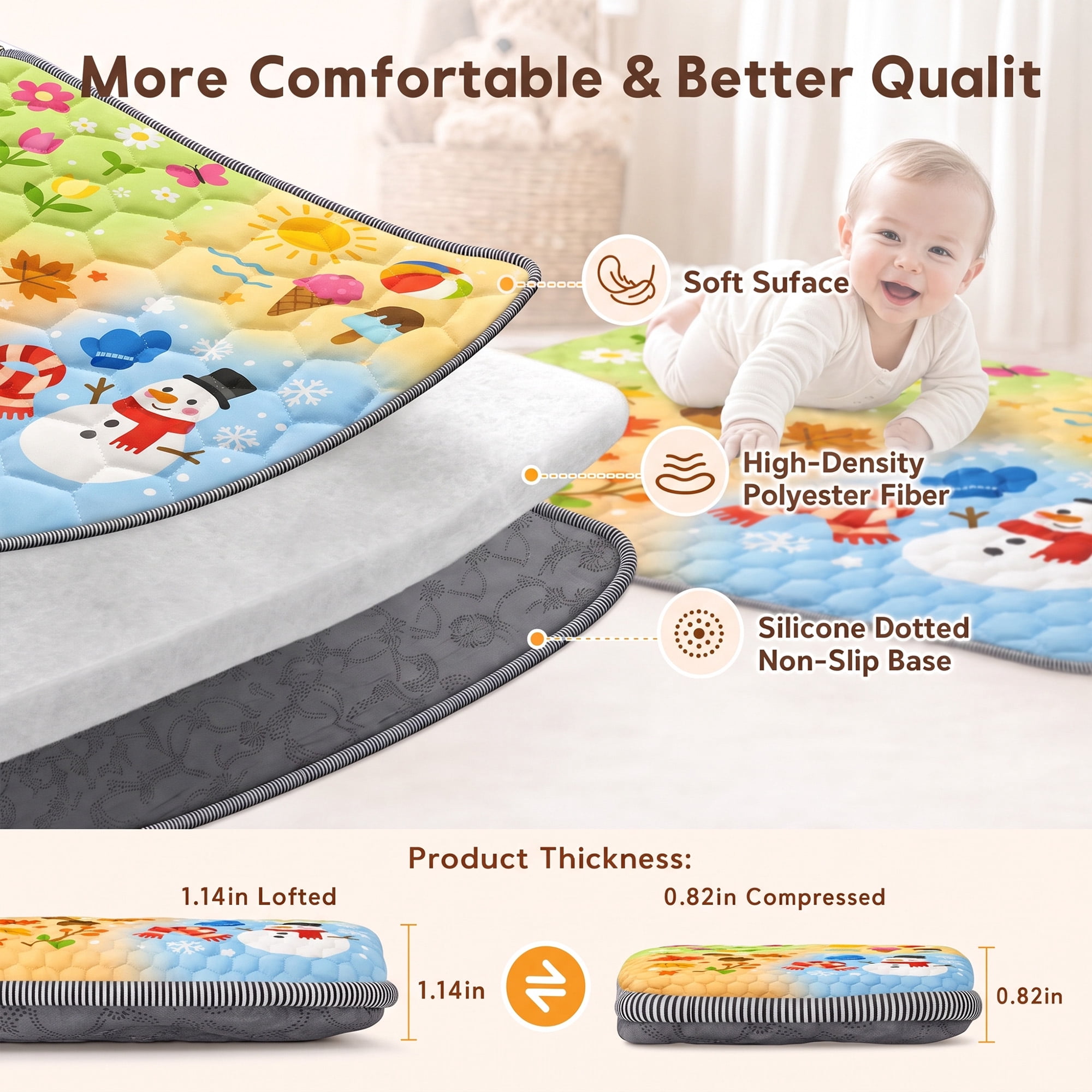 BEAUTYPEAK Baby Play Mat, 50"x50" Mat Perfect for Use Baby Playpen,Non-Slip Foldable Mat for Toddlers and Babies