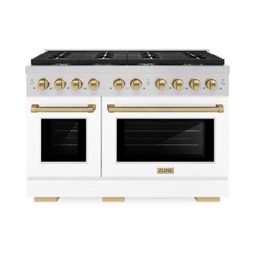 ZLINE Autograph Edition 48 in. 6.7 cu. ft. Paramount Double Oven Gas Range with 8 Burner Cooktop in Stainless Steel with White Matte Doors and Polished Gold Accents, Open Box-Great Condition