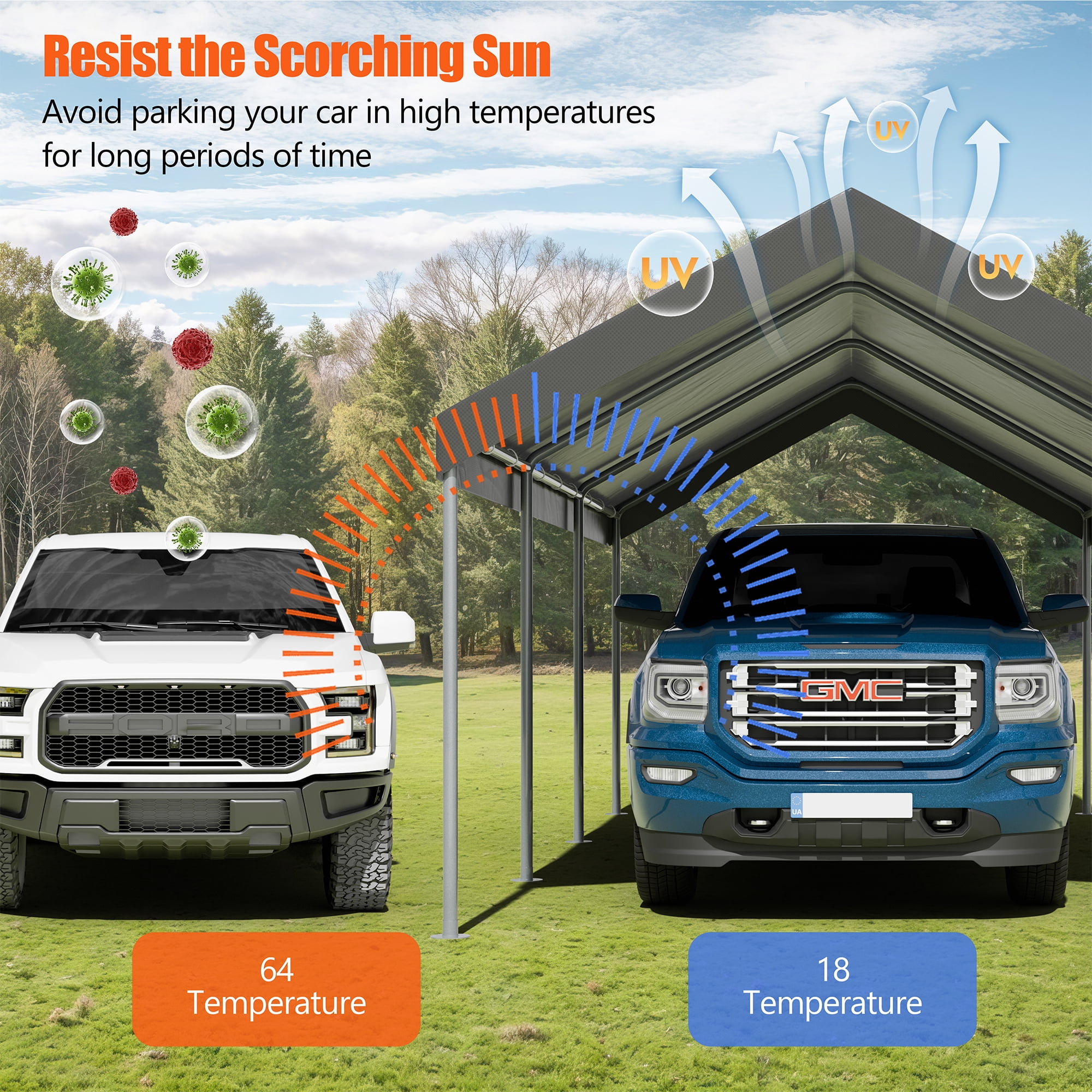 Walsunny Carport 10 x 20 ft Heavy Duty Carport Car Canopy with Powder-Coated Steel Frame, Portable Garage for Car, Boat, Shelter Party Tent with 180g PE Tarp Gray