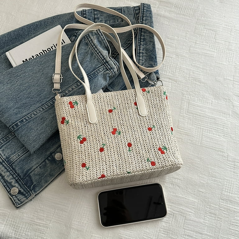 Cherry Straw Woven Tote Bag Summer Beach Bag Handbag for Women