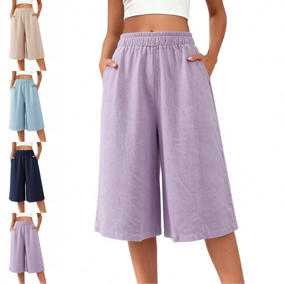 MLCDZ Women's Wide Leg Loose Palazzo Capri Pants Dressy Casual Gaucho Cropped Pants Elastic Waist with Pockets Seaside Vacation Capris