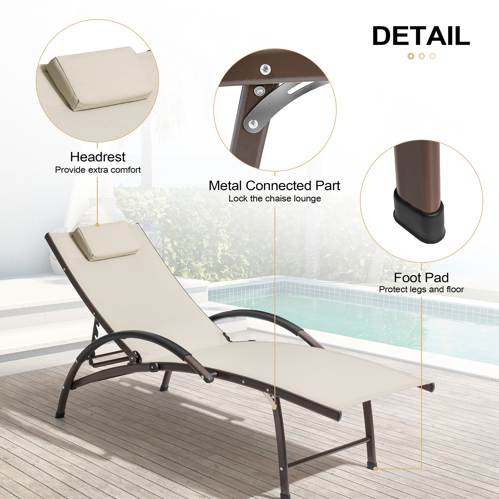Crestlive Products Aluminum Outdoor Folding Reclining Chaise Lounge Chair in Tan - image 4 of 7