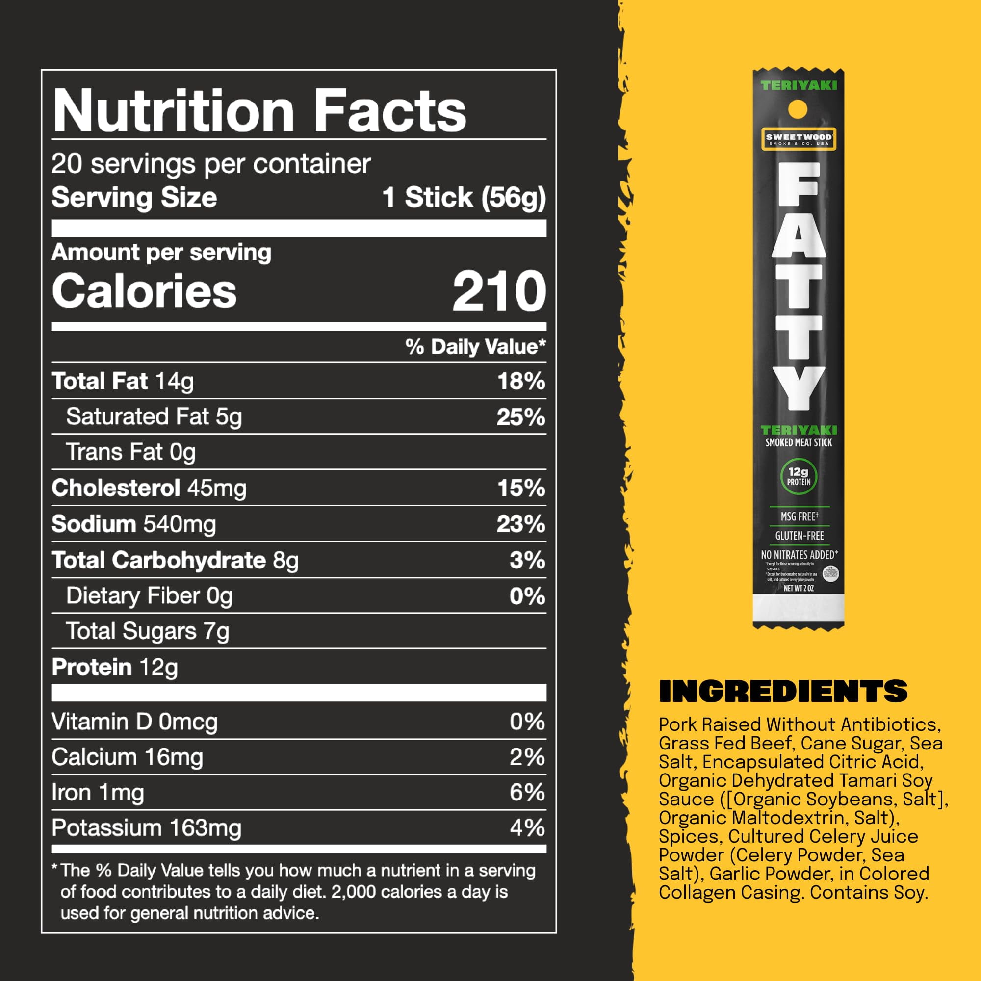 FATTY Meat Sticks, Grass-Fed Beef, High Protein Snack, Camping, Sports, Road Trip, Low Carb, Gluten Free, MSG Free, Nitrate Free, Teriyaki Flavor, 2 Ounce (Pack of 20)