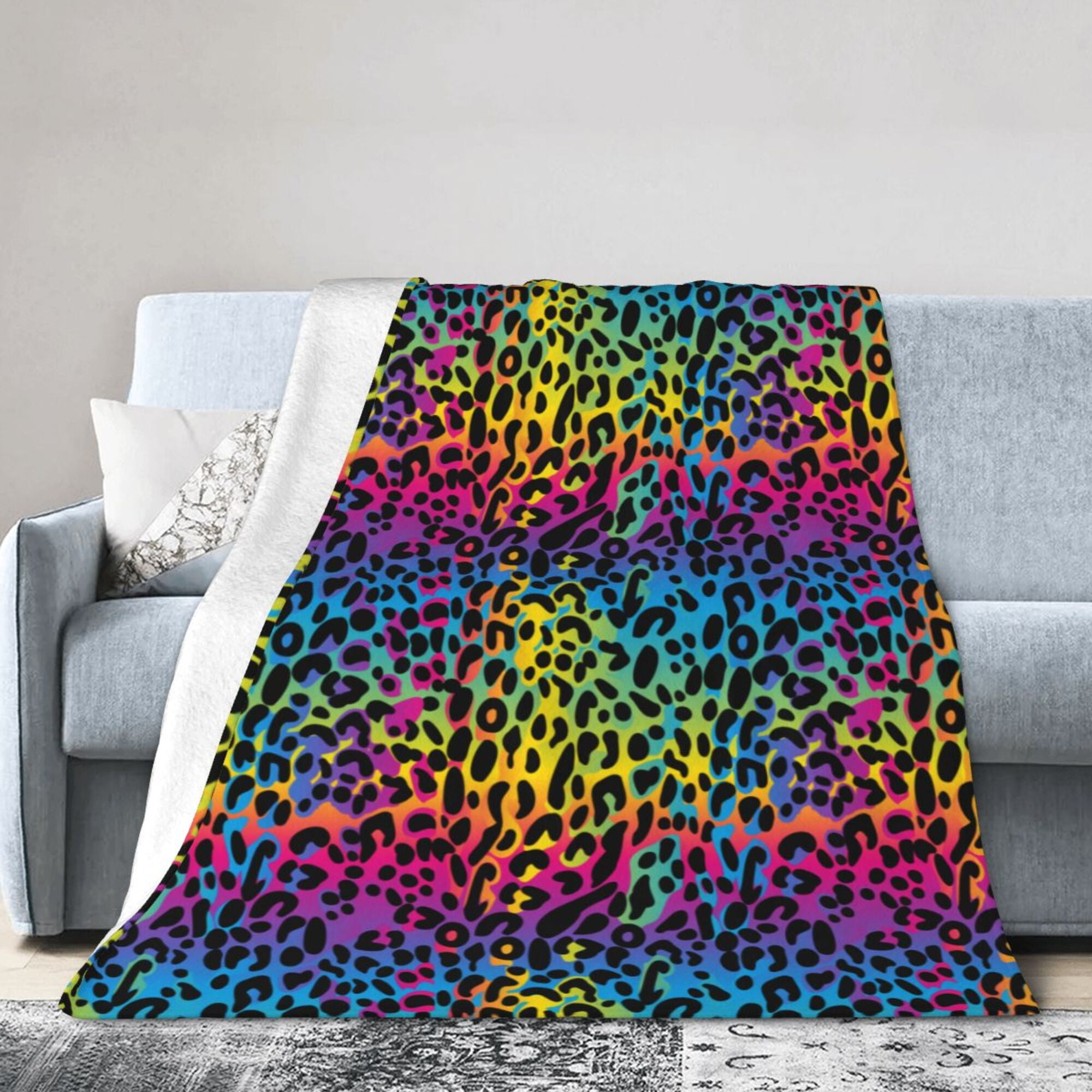 DouZhe Ultra Soft Micro Fleece Lightweight Flannel Bed Blanket Rainbow Leopard Print Neon Animal Print Cozy Warm Throw Blankets 50 x40