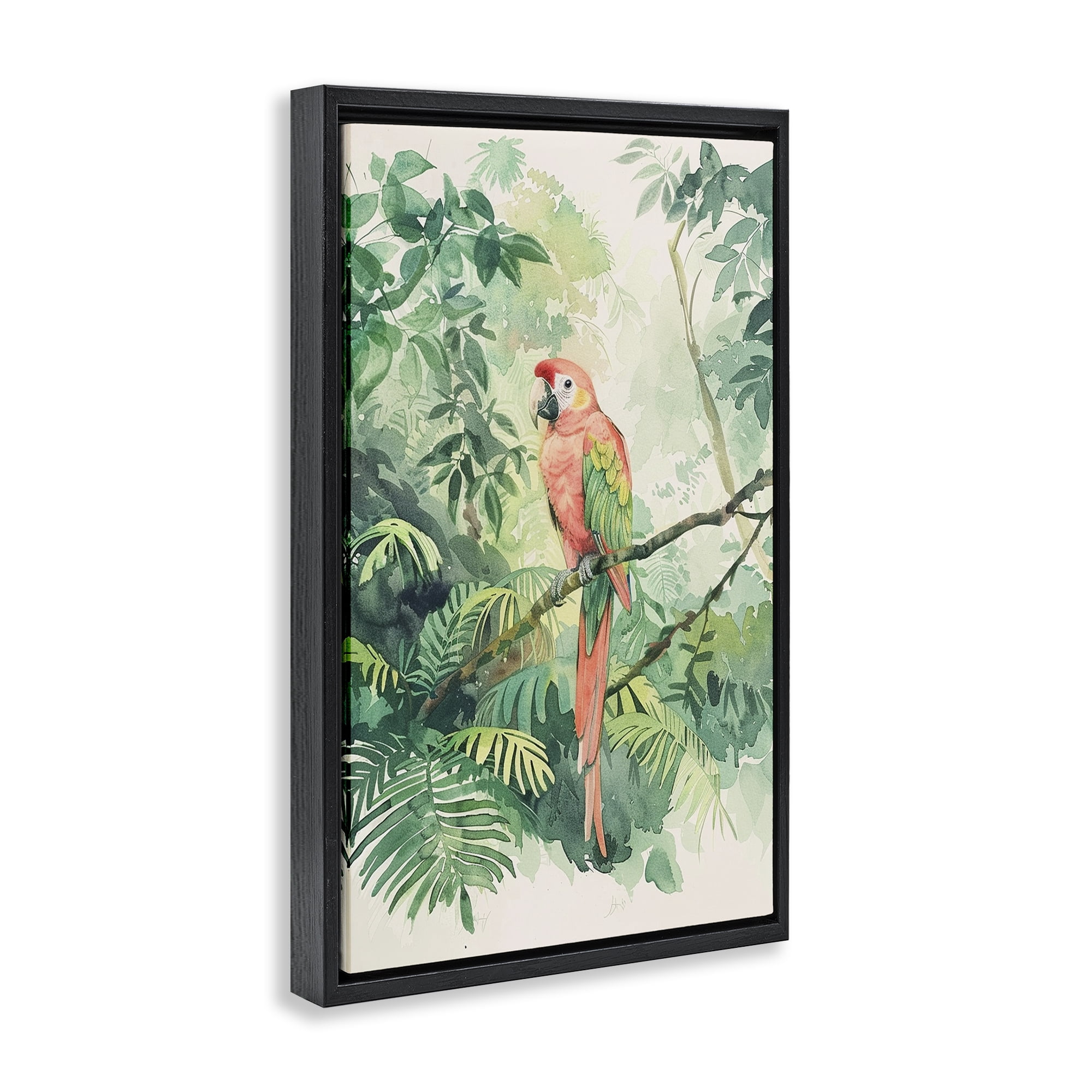 Stupell Industries Pink Parrot in Jungle Animals Painting Black Floater Framed Canvas Art Print Wall Art, 17 x 25