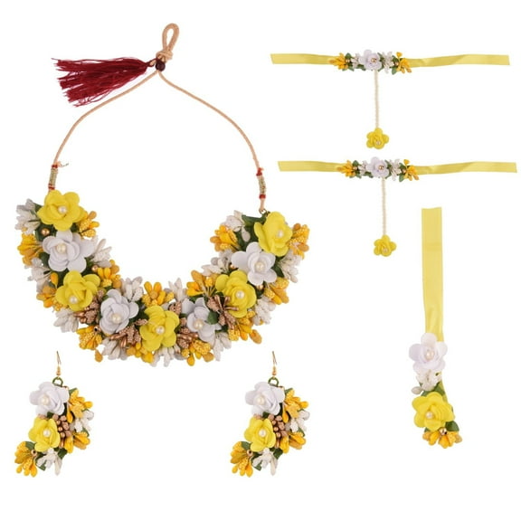 Efulgenz Indian Handmade Jewelry Flower Jewelry Set Faux Pearl Beaded Multilayered Choker Necklace Earrings and Maangtikka Jewelry for set for women