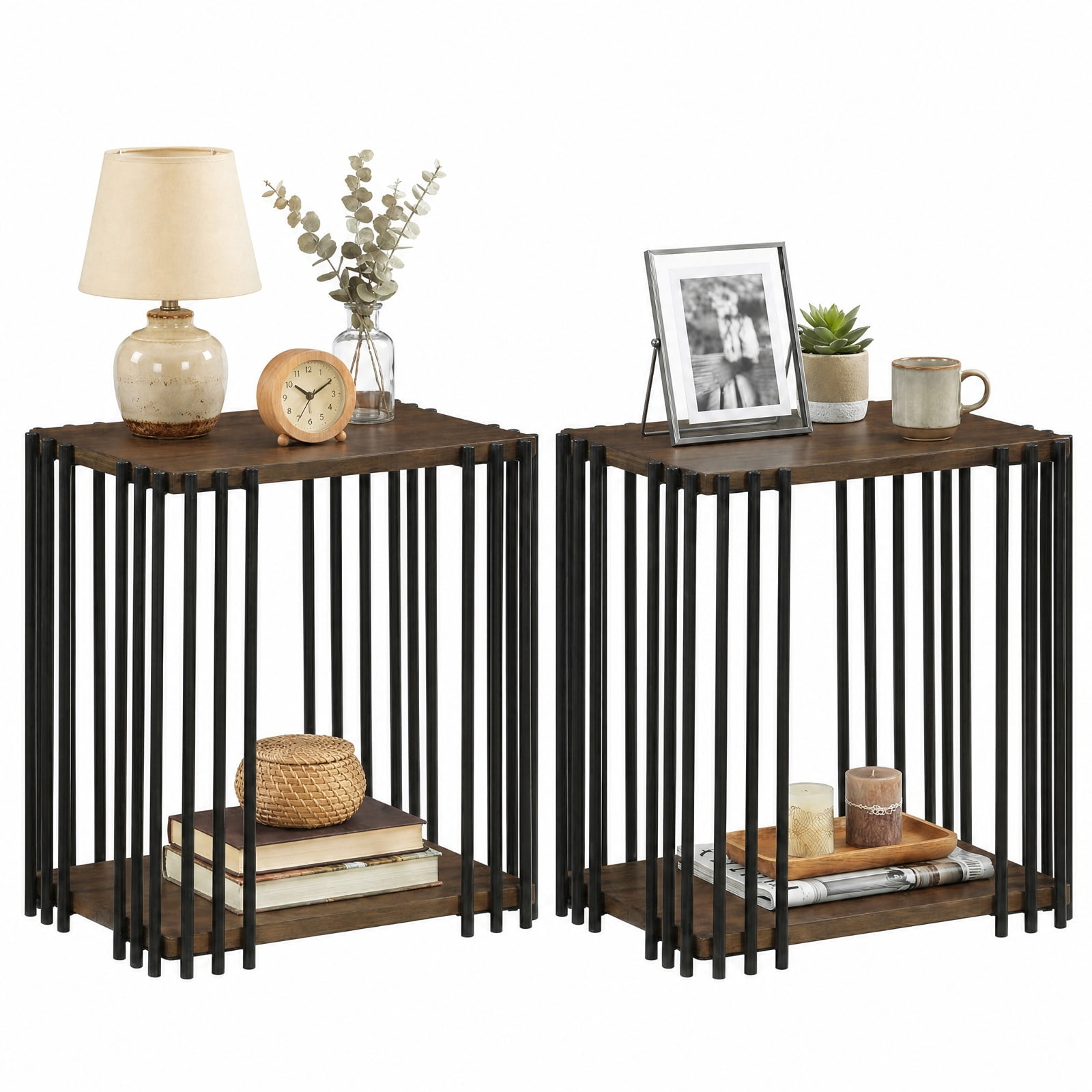 Furnibear Rubber Wood Side Table Set of 2 with 2 Layer Storage Shelves and Black Metal Frame for Living Room Bedroom and Sofa Side Storage, Walnut