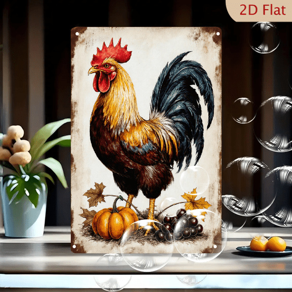 Vintage Rooster with Pumpkins and Grapes 8x12 Inches Metal Wall Art, Rustic Autumn Farmhouse Decor, Colorful Bird on Aged Sepia Background for Kitchen or Living Room