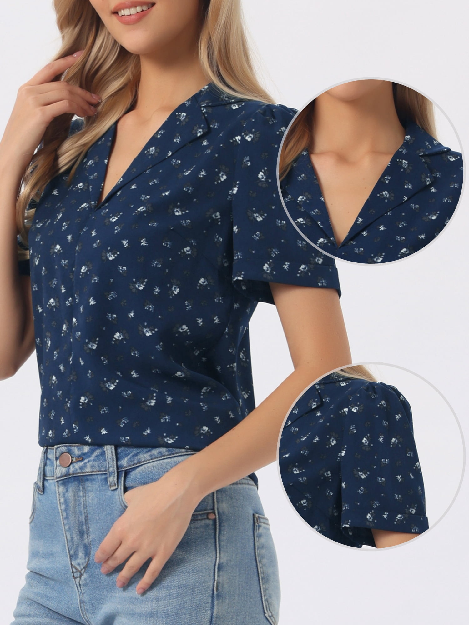 DARING DIVA Women's Floral Short Sleeve V Neck Blouses M Dark Blue