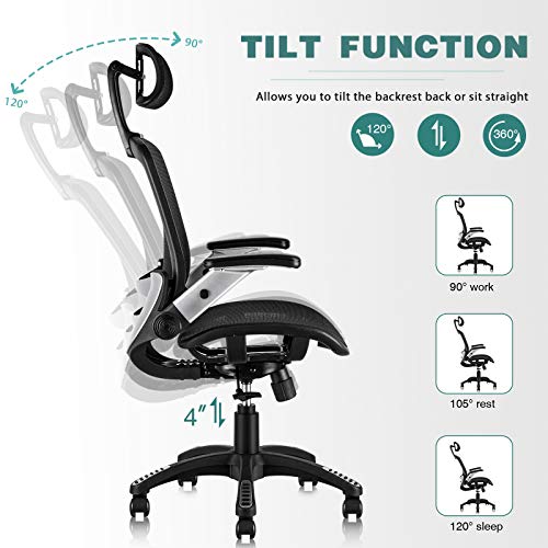 Gabrylly Ergonomic Mesh Office Chair, High Back Desk Chair - Adjustable Headrest with Flip-Up Arms, Tilt Function, Lumbar Support and PU Wheels, Swivel Computer Task Chair - image 5 of 9