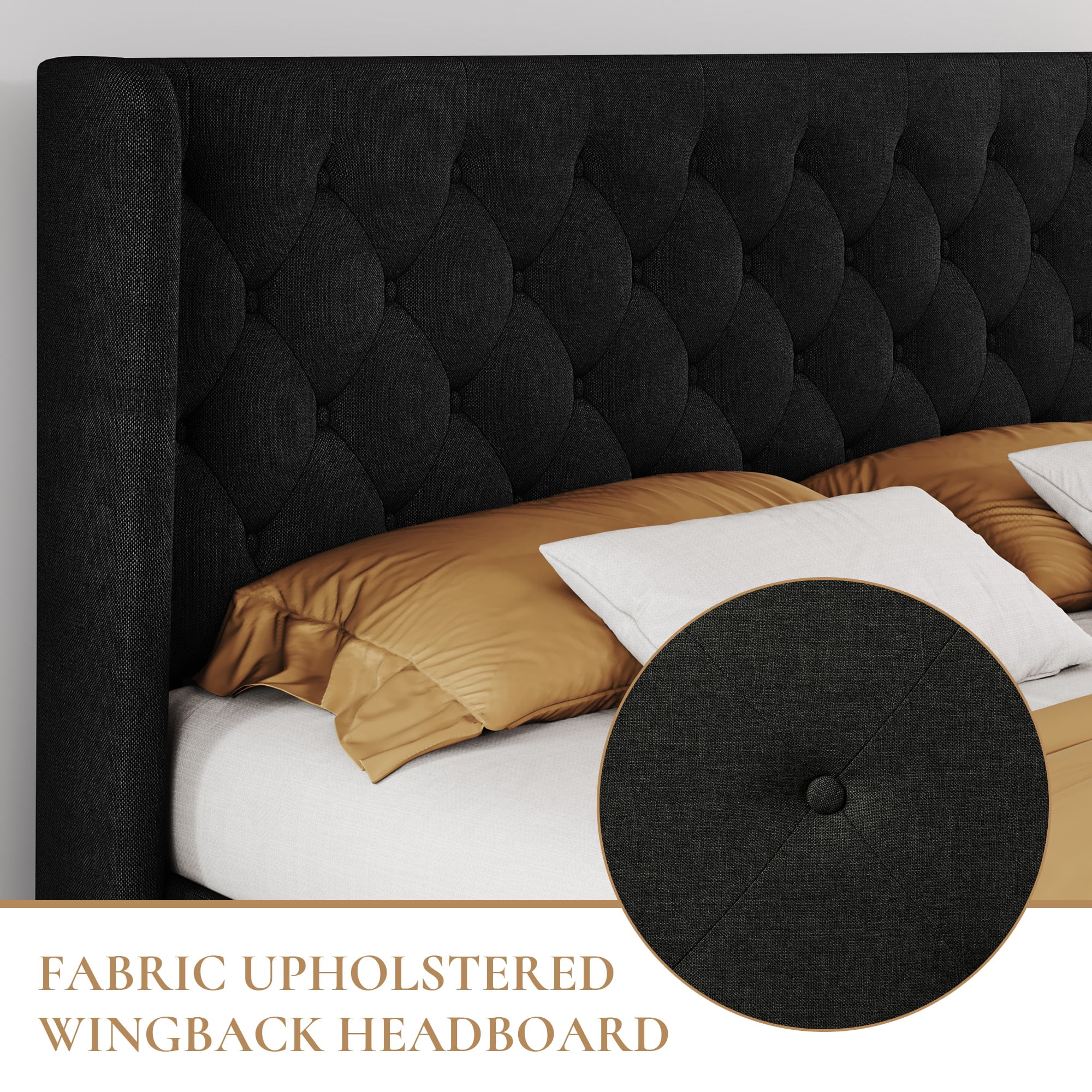 SHA CERLIN Queen Size Platform Bed Frame with Fabric Wingback&Tufted Upholstered Headboard, Black
