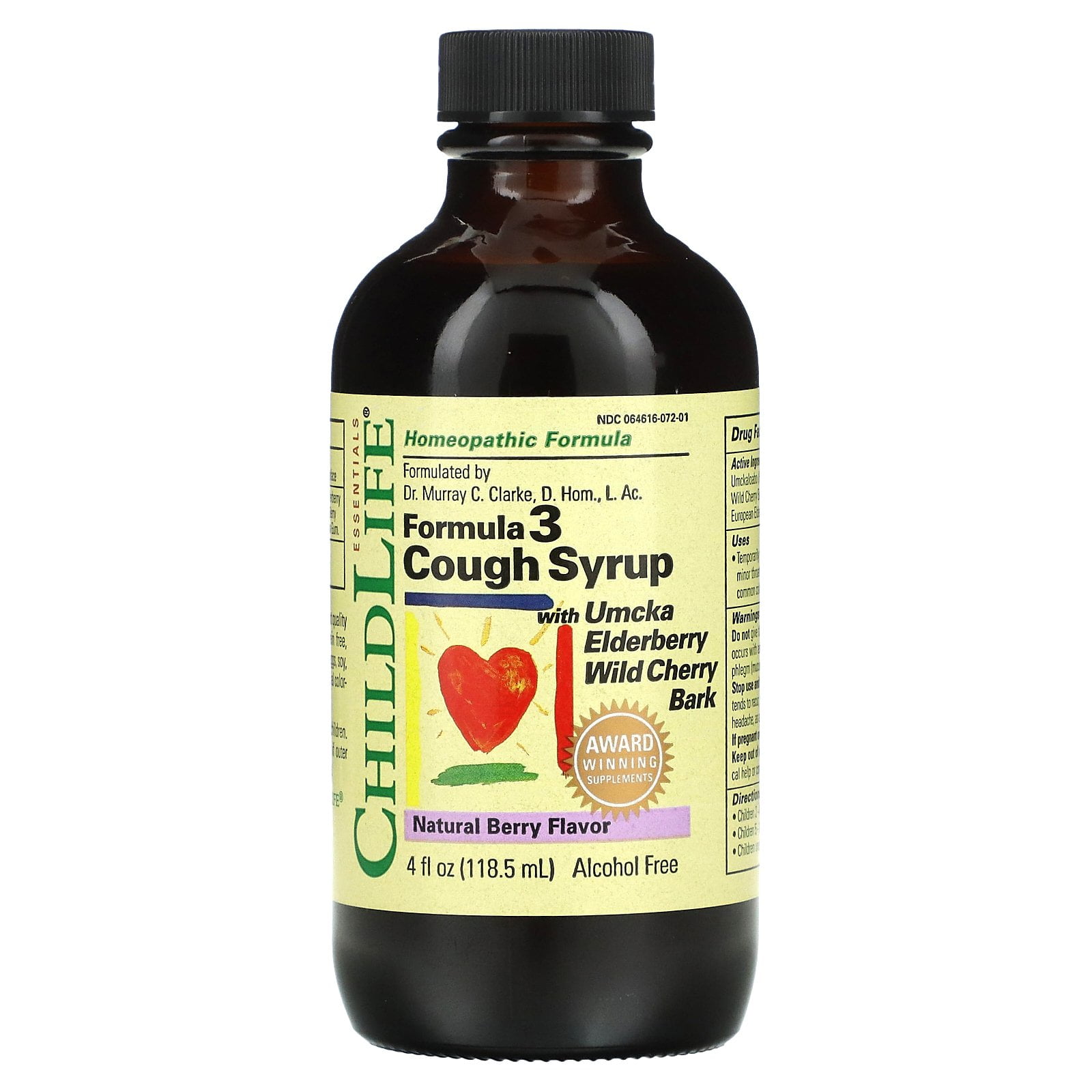 Essentials, Formula 3 Cough Syrup, Alcohol Free, Natural Berry, 4 fl oz (118.5 ml), ChildLife