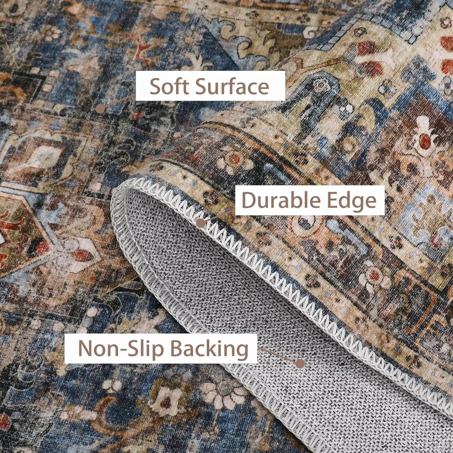 Garvee Area Rug 5'x7' Boho Tribal Area Rug Living Room Rug Distressed Vintage Oriental Area Rugs Low Pile Stain Resistant Rug Soft Foldable Rug Home Decor, Blue/Brown