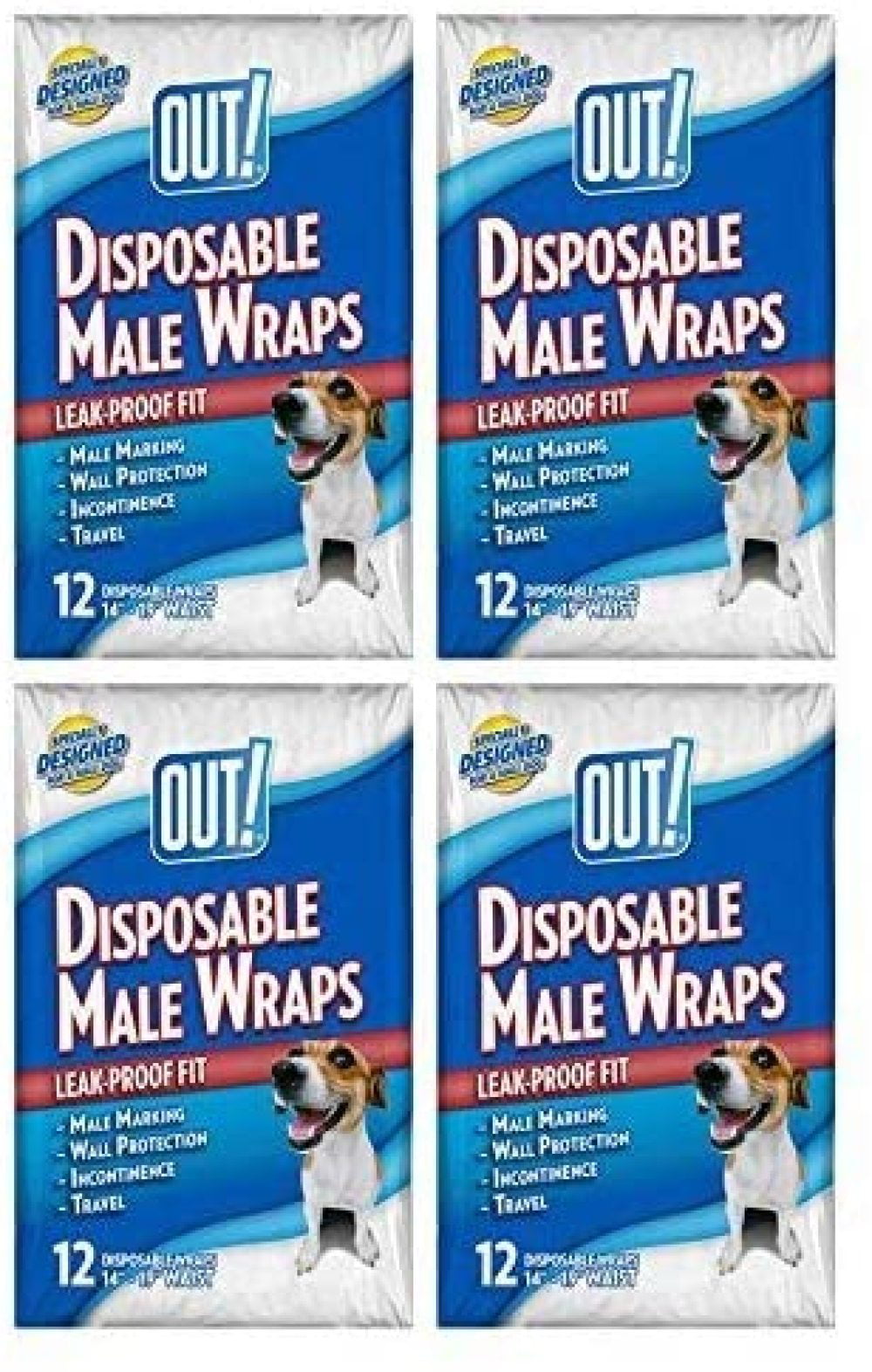 12 Count Disposable Male Wraps XS/Small OUT Fits 13 inch to 18 inch 4 Packs 