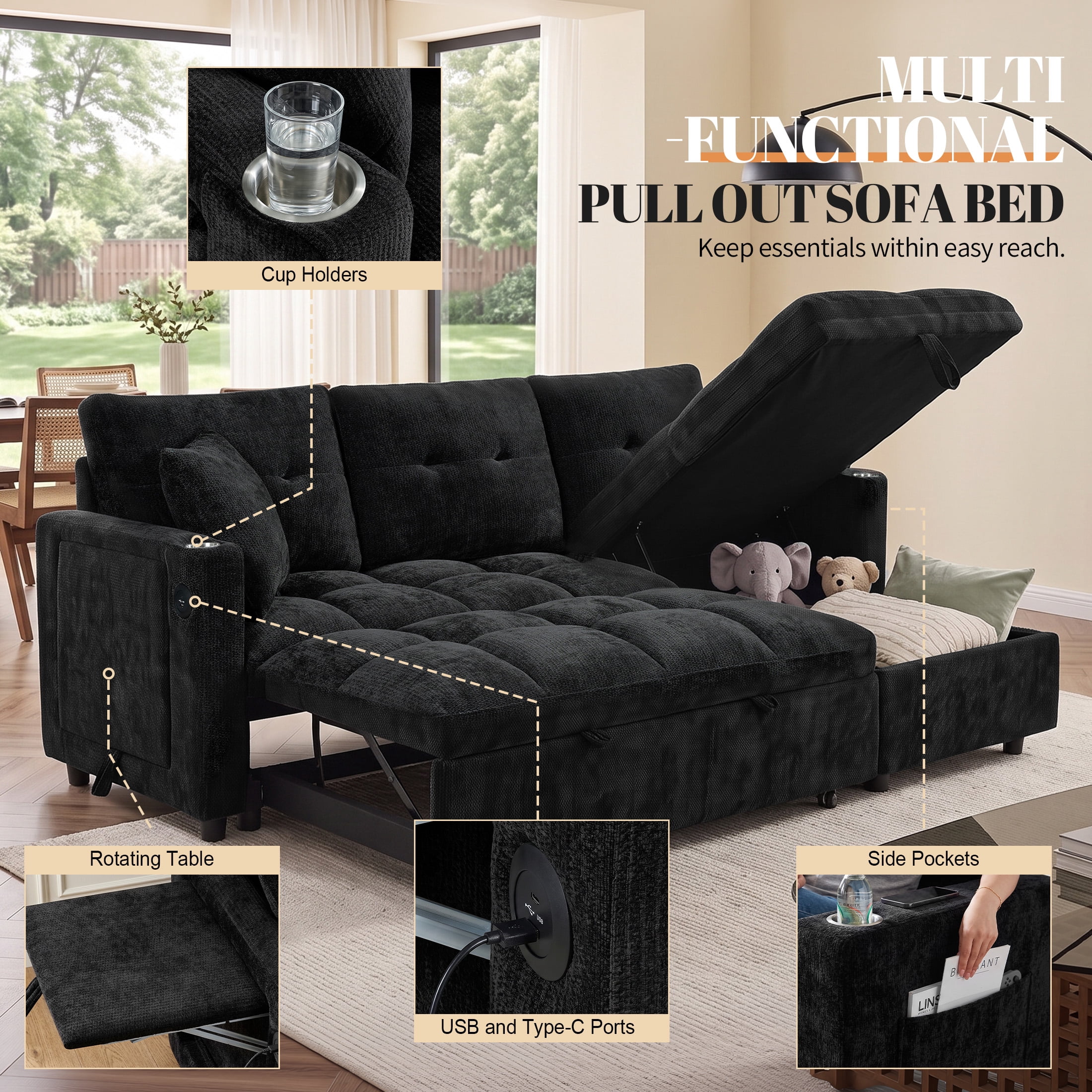 Aukfa 81" L Shape Sleeper Sectional Sofa Bed, Chenille Convertible Couch with Storage Chaise, Side Table & USB/Type-C Ports,Black