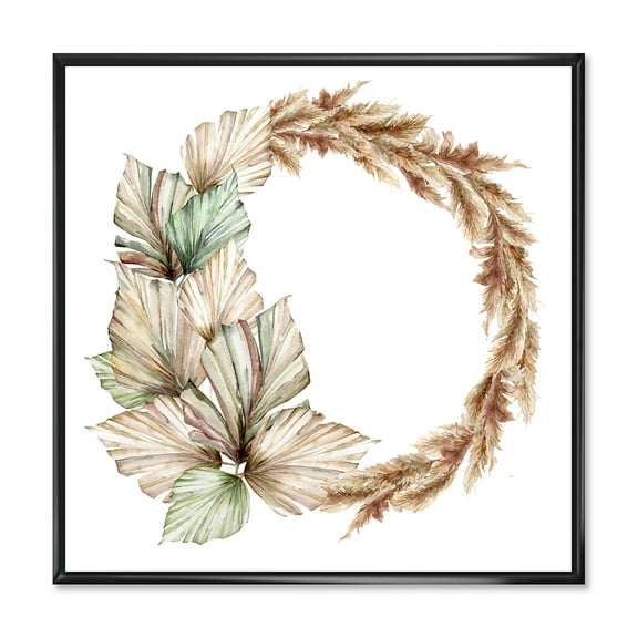 Designart 'Dry Palm Leaves and Pampas Grass With Wreath' Traditional Framed Canvas Wall Art Print