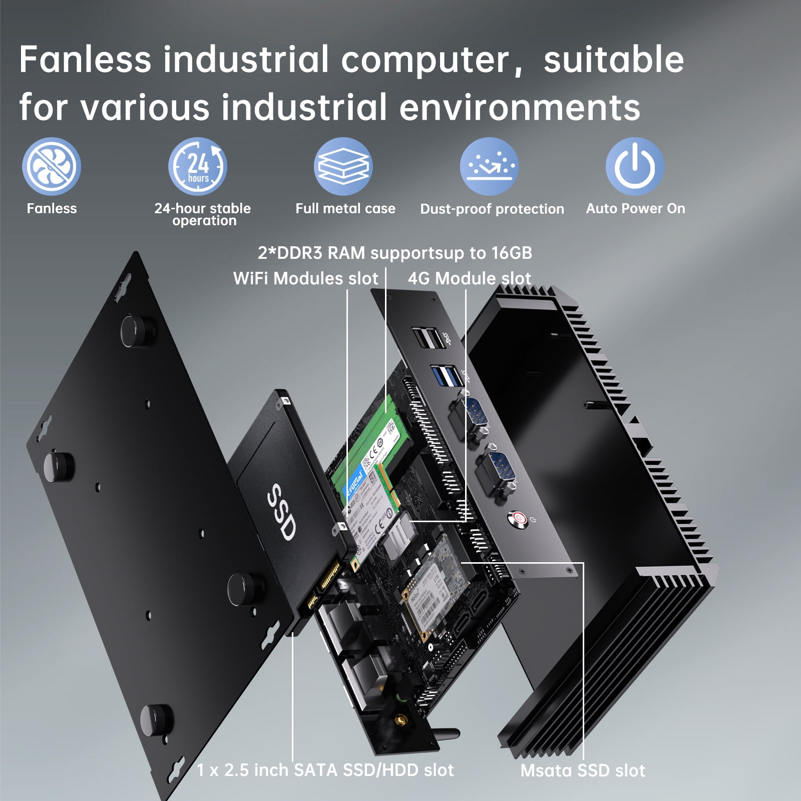 Fanless Mini Industrial PC, Desktop Computer Core i7-5500U Windows 10 Pro, 16GB RAM 256GB SSD, 2xNICs, 2*COM RS232, 4xUSB3.0, Dula-Band WiFi, HDMI/VGA Ports, Gigabit LAN, Auto Power On