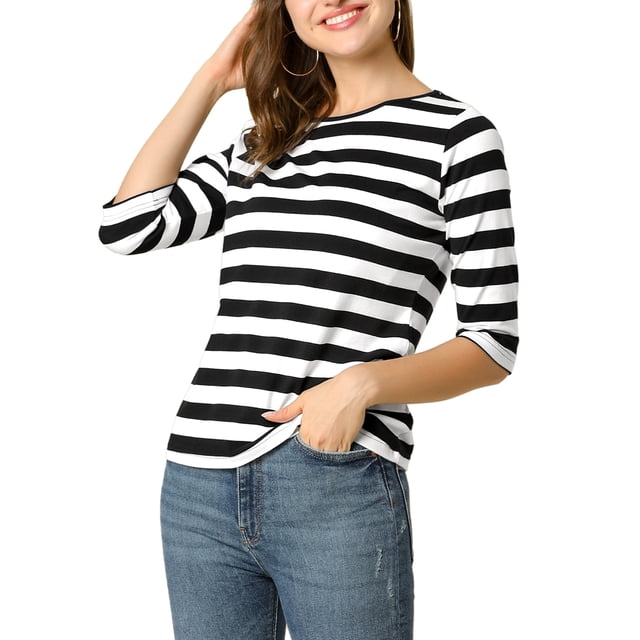 INSPIRE CHIC Hauts pour Femmes Non Doublés Col Rond Manches au Coude Coupe Ajustée T-Shirt Décontracté 3TG Noir Blanc