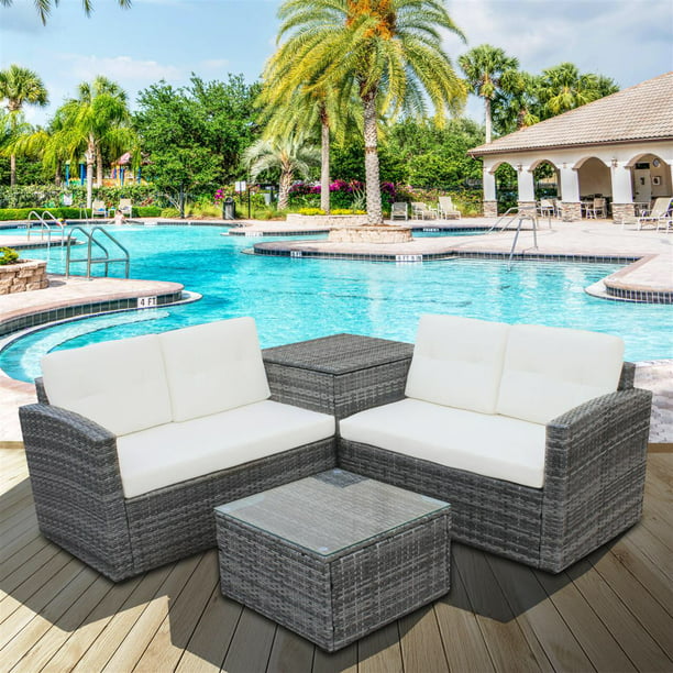 Clearance 4 Piece Outdoor Patio Conversation Set 2 Rattan Wicker Chairs With Glass Table And Storage Cabinet All Weathe Sofa Furniture Cushions For Backyard Porch Garden Pool L2122 Com - Clearance Patio Cushions Set Of 4
