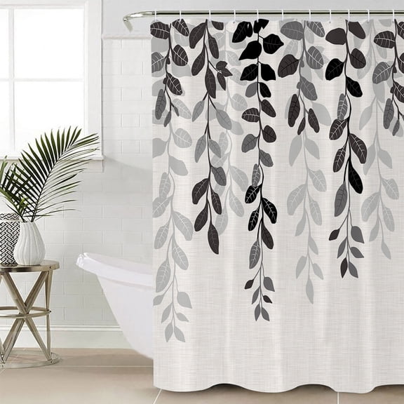 Grey Ombre Botanical Bathroom Curtain 78 Inch Shower Curtain with Hooks, Watercolor Gray Pastoral Leaf Rustic Waterproof Polyester Bath Curtain Washable Bathtub Curtain 72''x 78''