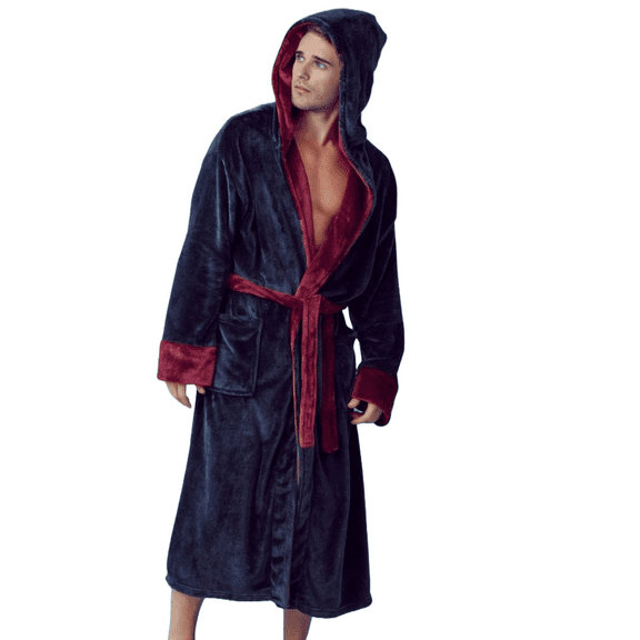 Elegani Men’s Plush Shawl Collar Robe – Warm & Fluffy Winter Spa Robe for Home & Hotel (Navy & Red)