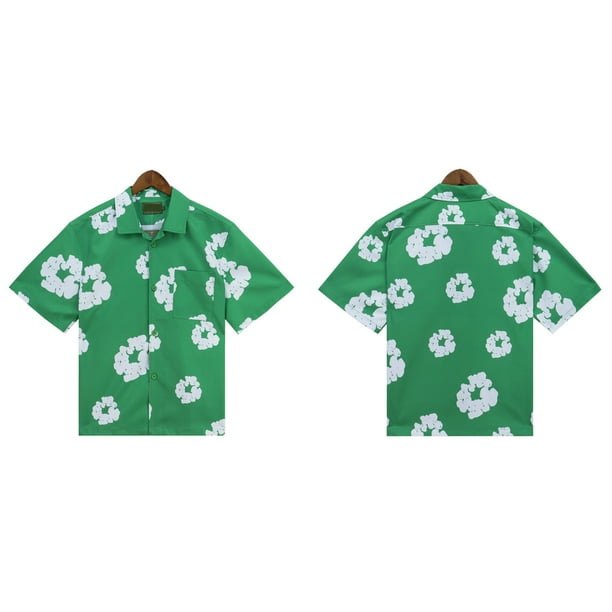 Camisa de marca de moda DenimTears, camisa de manga corta con solapa informal de verano con estampado de guirnaldas a la moda para hombreVerde