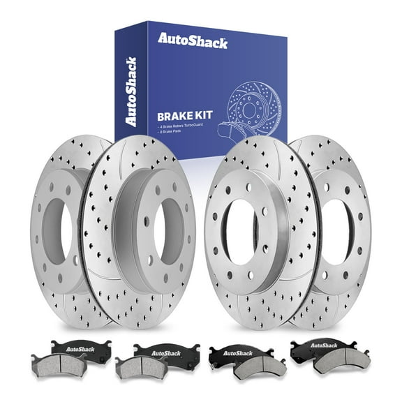 AutoShack Front & Rear Brake Rotors & Ceramic Pads for Chevrolet, Silverado 2500 1999-2004, 4WD RWD V8 5.3L 6.0L - Coated Drilled & Slotted - Silver Matte Finish - TurboGuard