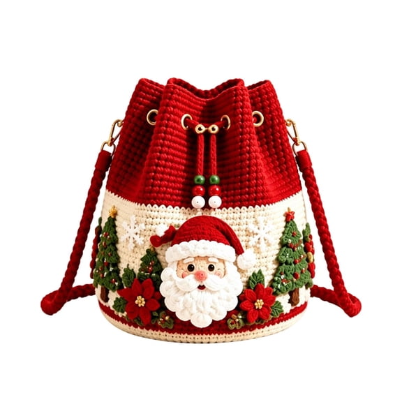 Christmas Crochet Bucket Crossbody Bag, Handmade Knitted Drawstring Purse, Festive Holiday Shoulder Bag in 4 Unique Designs for Winter Gifting.