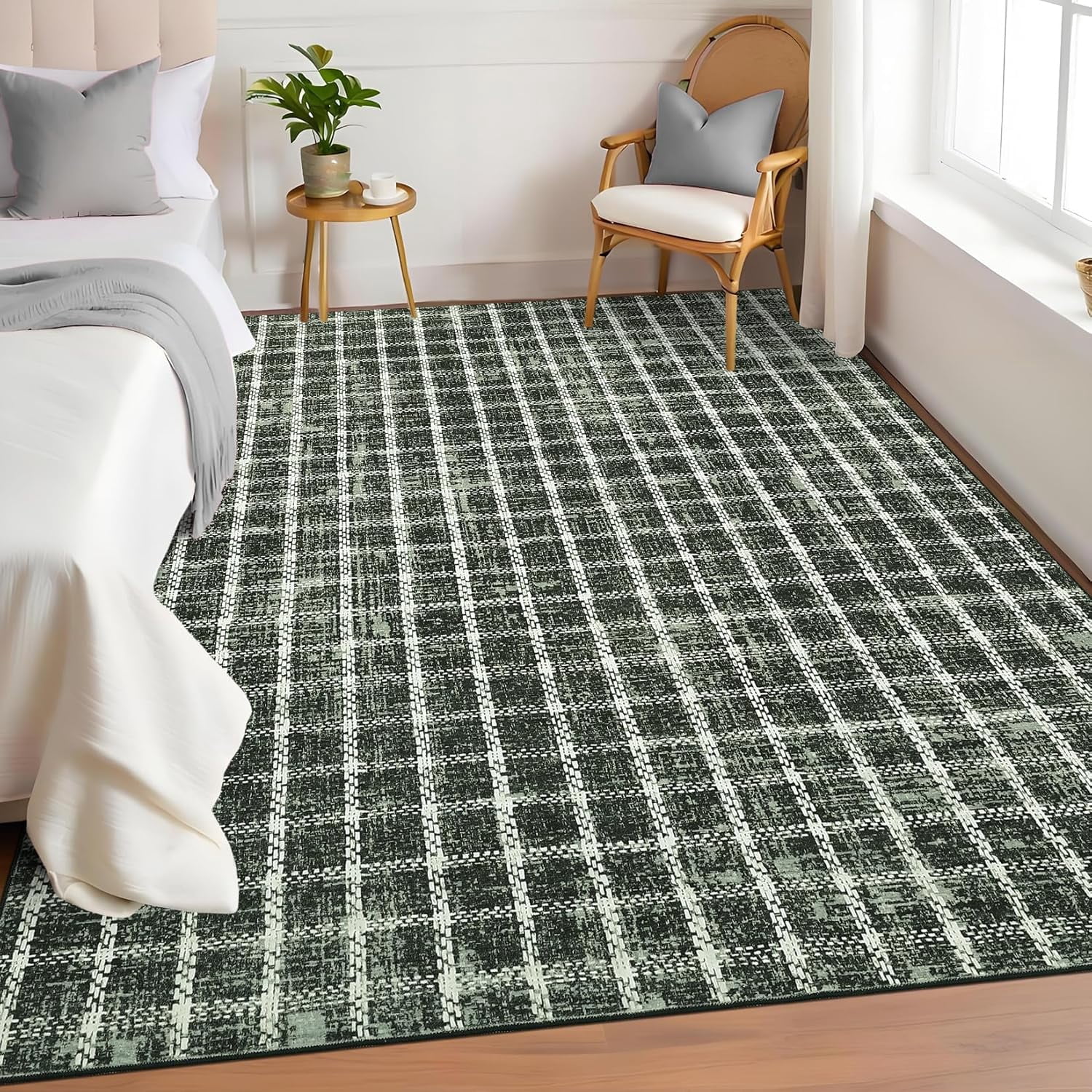Twister.CK 3' x 5' Plaid Area Rugs, Modern Washable Stain-Resistant Carpet, Non Slip Indoor Rug for Living Room Dining Room Office, Green