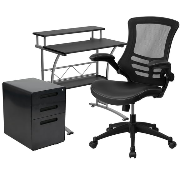 Flash Furniture Calder Work From Home Kit - Black Computer Desk, Ergonomic Mesh/LeatherSoft Office Chair and Locking Mobile Filing Cabinet