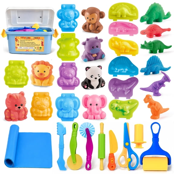 jhtigre 22-Piece Play Dough Tools Set for Kids Ages 3 , Clay Accessories with Storage Box, Play Mat, Rolling Pins, Scissors & 3D Animal Molds