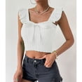 thumbnail image 3 of Women Top Bow Knot Front Neck Sleeveless Top Ruffle Rib Knit Slim Blouse Pure Color Blouse White L, 3 of 6