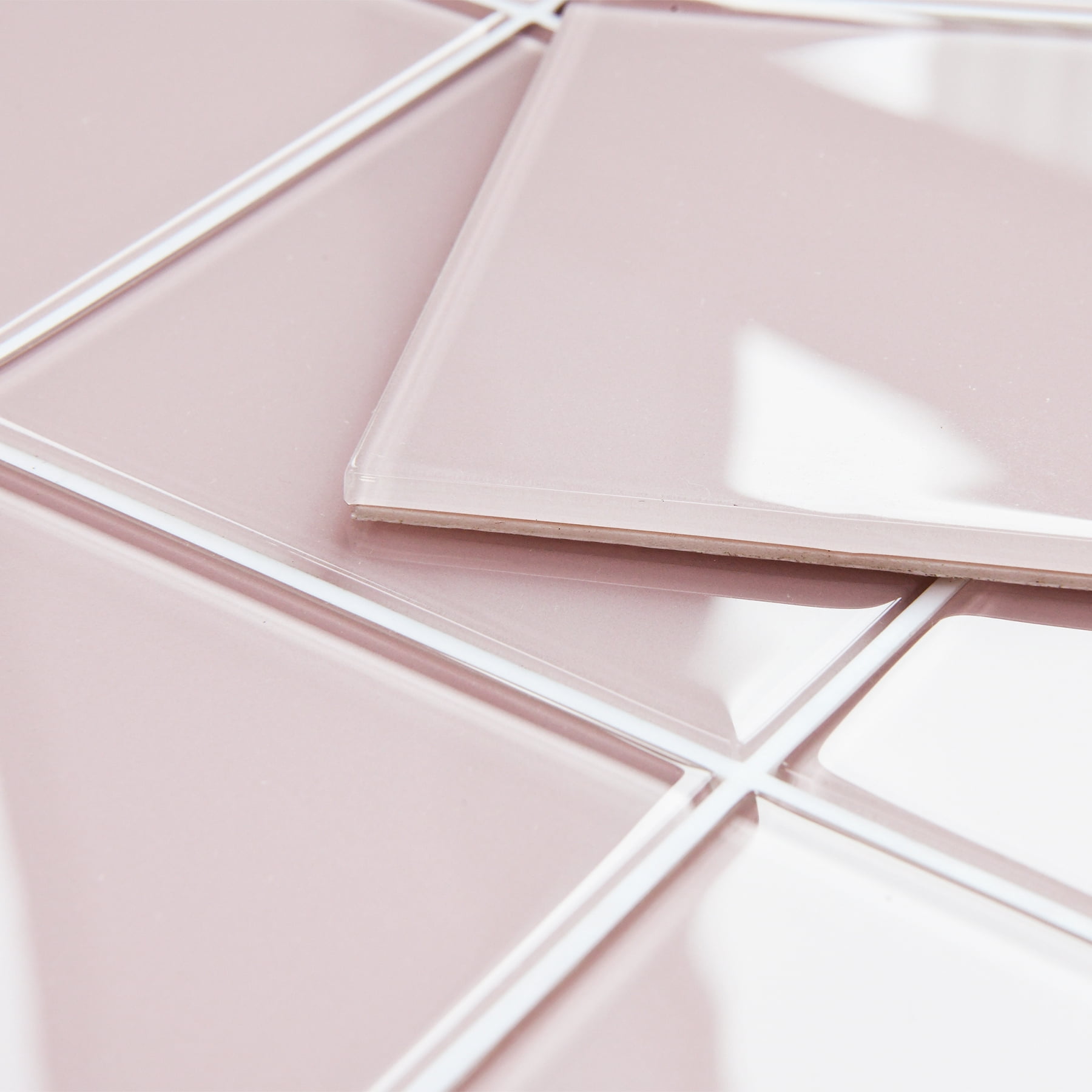 Pink Peel and Stick Glass Tile, 12'' x 12'' Square Mosaic Glass Backsplash Stick On Wall Tiles for Kitchen Bathroom (5 Sheets)