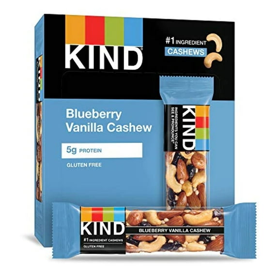 KIND Bars, Blueberry Vanilla  Cashew, Gluten Free, Low Sugar, 1.4oz, 12 Count.
