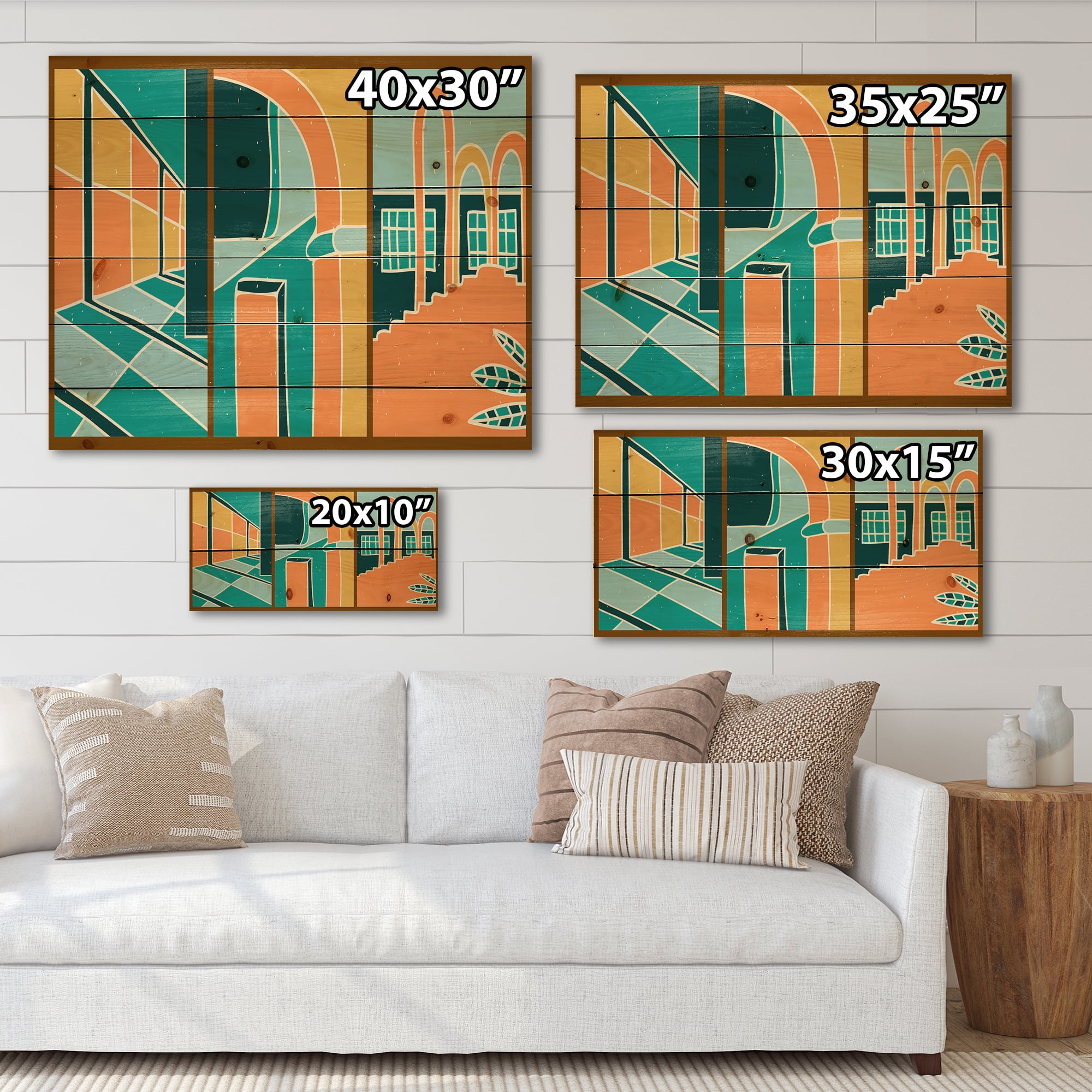 Designart 'Geometric Shapes Vintage Style Building Windows' Modern Print on Natural Pine Wood