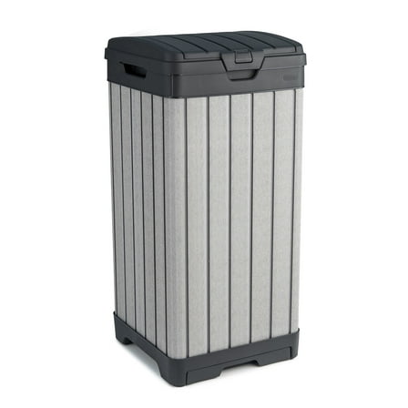 Keter Rockford 38 Gallon Resin Outdoor Kitchen Trash Can Duotech Garbage Can, Gray