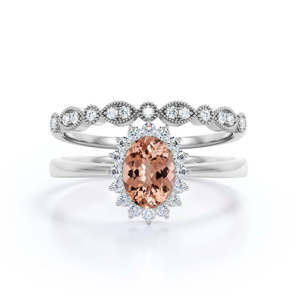 Beautiful Minimalist 2.00 Carat Oval Morganite And Diamond Moissanite Engagement Ring, Halo Wedding Ring, One Matching Band in 925 Sterling Silver With Plain 18k White Gold Plating Band Gift For Her