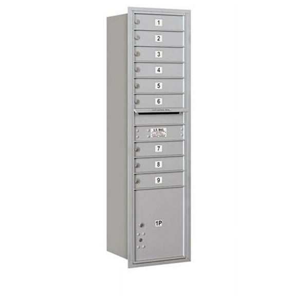 Maximum Height Recessed Mounted 4C Horizontal Mailbox with 9 Doors and 1 Parcel Locker in Aluminum with USPS Access - Rear Loading