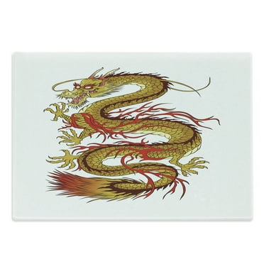Japanese Dragon Cutting Board, Mythical Fiery Character Cultural, Decorative Tempered Glass Cutting and Serving Board, Large Size, Mustard Vermilion Brown, by Ambesonne