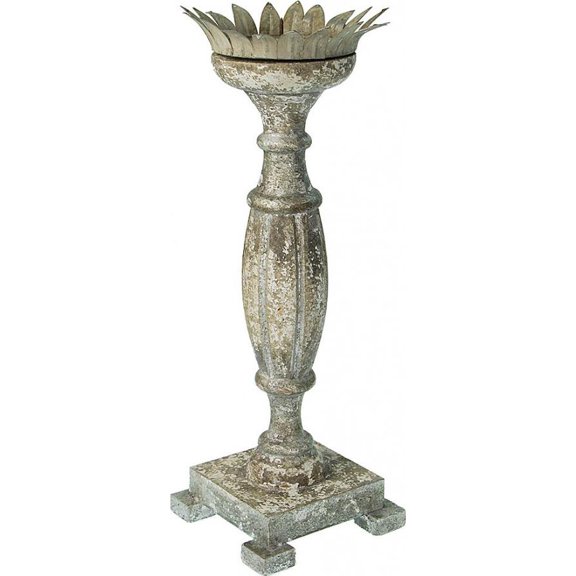 Candleholder Candlestick Distressed Brown Wood Carved