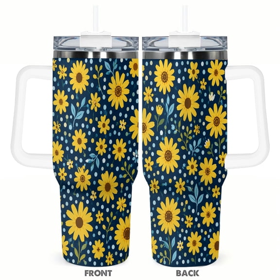 40oz Sunflower Floral Car Tumbler with Handle and Straw Lid Navy Blue Travel Insulated Cup Gift for Women