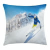 Winter Throw Pillow Cushion Cover, Skier Skiing Downhill in High Mountains Extreme Winter Sports Hobby Activity, Decorative Square Accent Pillow Case, 18 X 18 Inches, Blue White Yellow, by Ambesonne