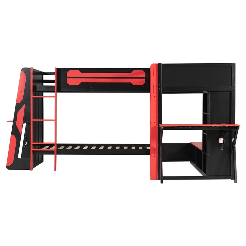 L-Shaped Twin Size Gaming Bunk Bed with RGB LED Lights, 3 Twin Beds, USB Ports, TV Stand & Storage Shelves, Reversible Wooden Bunk Bed Frame for Teens & Adults