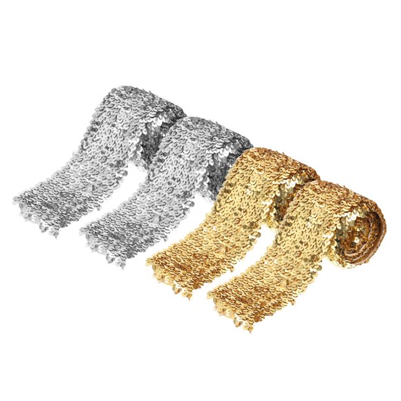 Unique Bargains 2 Pack 2.2 Yards 3 Inch Elastic Sequins Trim 5 Row Flat Sequin Strip Sequins Fabric Ribbon for Sewing Gold Silver