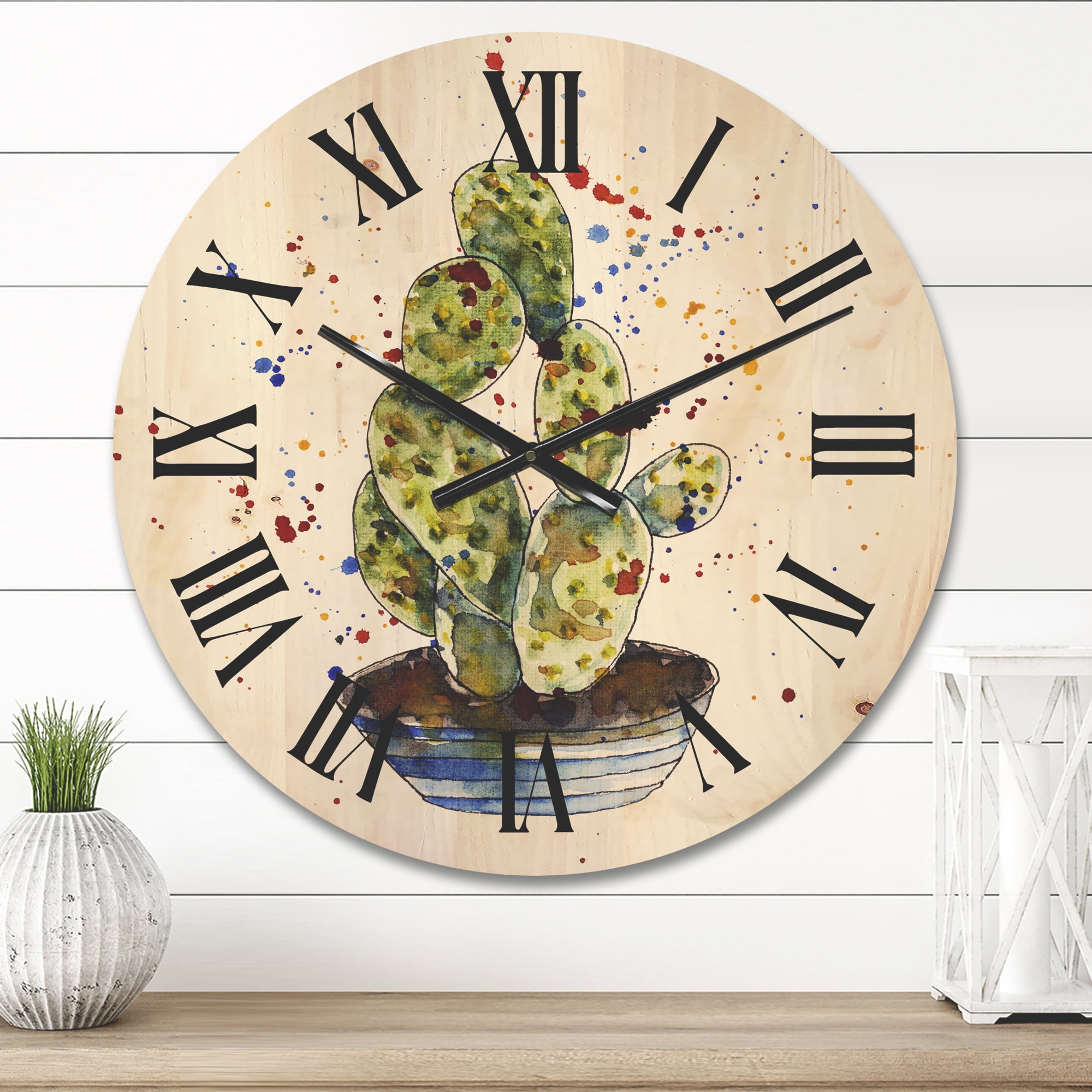 Designart 'Abstract Cactus Houseplant' Traditional Wood Wall Clock