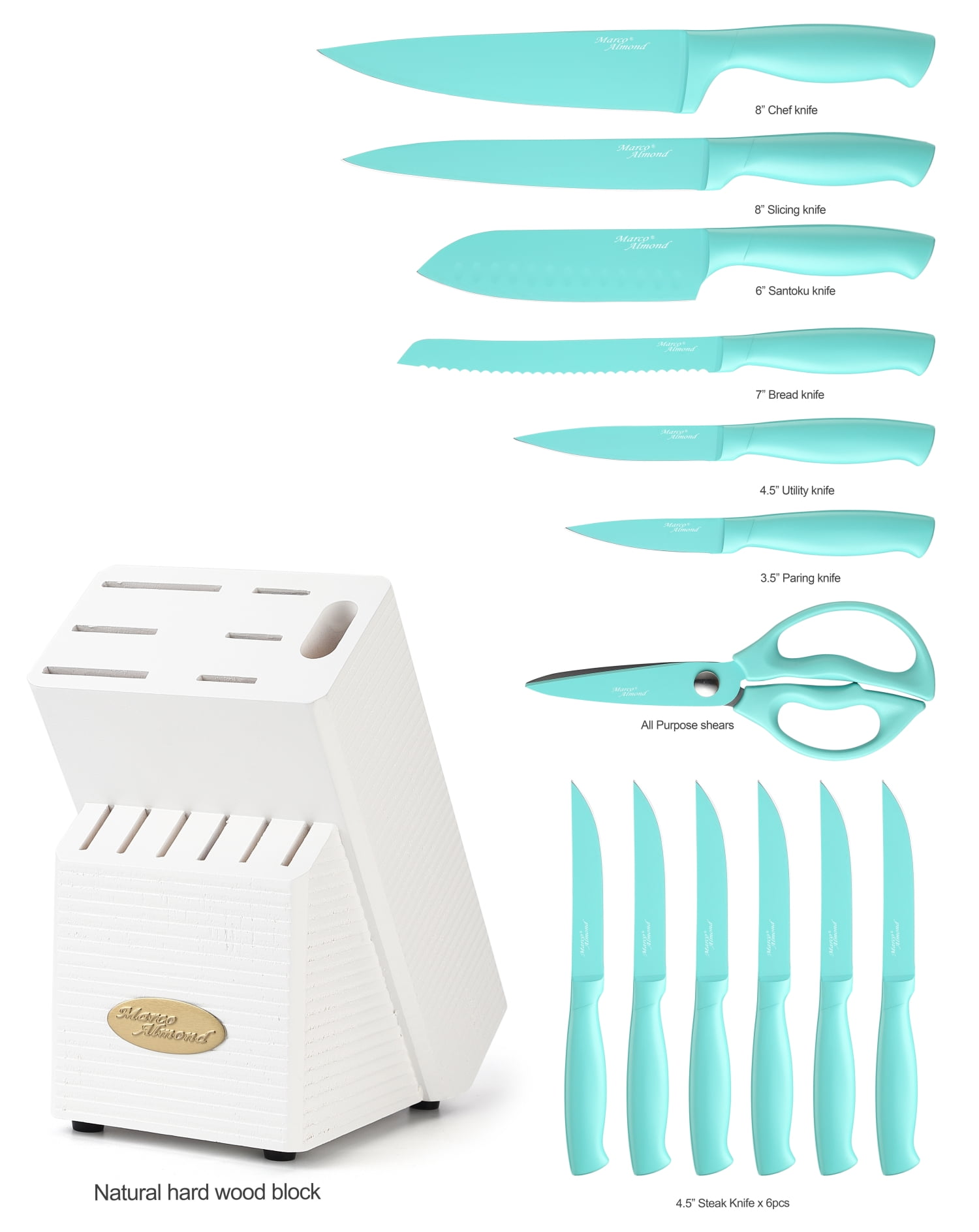 Gold Knife Set - Marco Almond® Knife Block Set MA21,Titanium Coated 14  Pieces Stainless Steel Chef Gold Kitchen Knife Sets with White Block