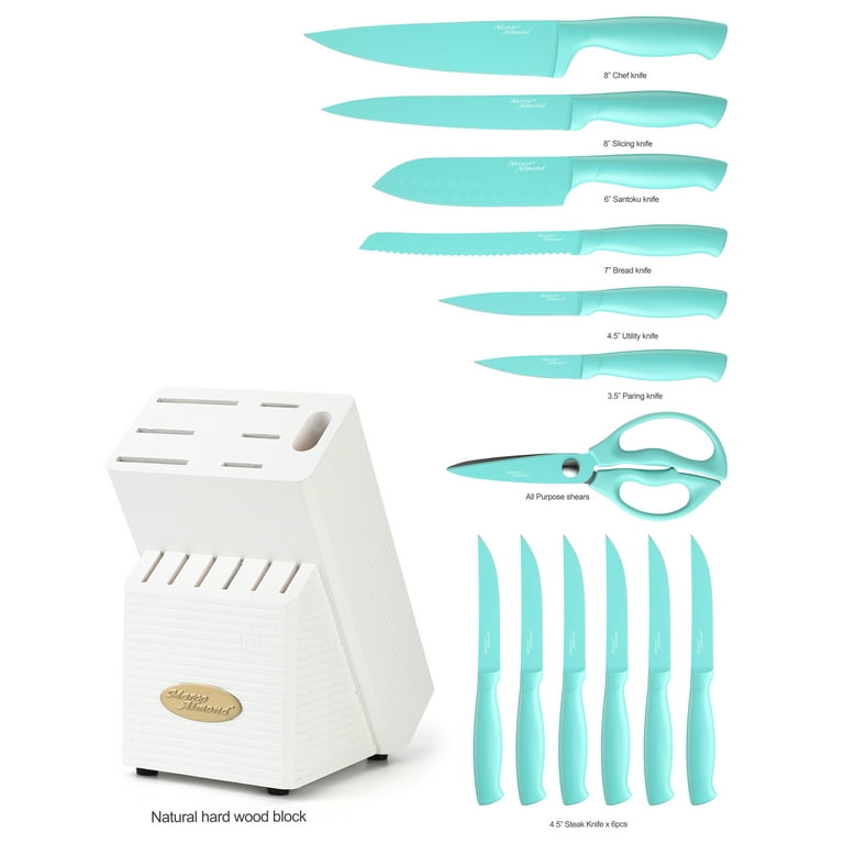 Marco Almond 14-Pieces Kitchen Knife Set with Block, Teal Sharp Chef Knives with White Wood Block, Stainless Steel,Dishwasher Safe, Blue