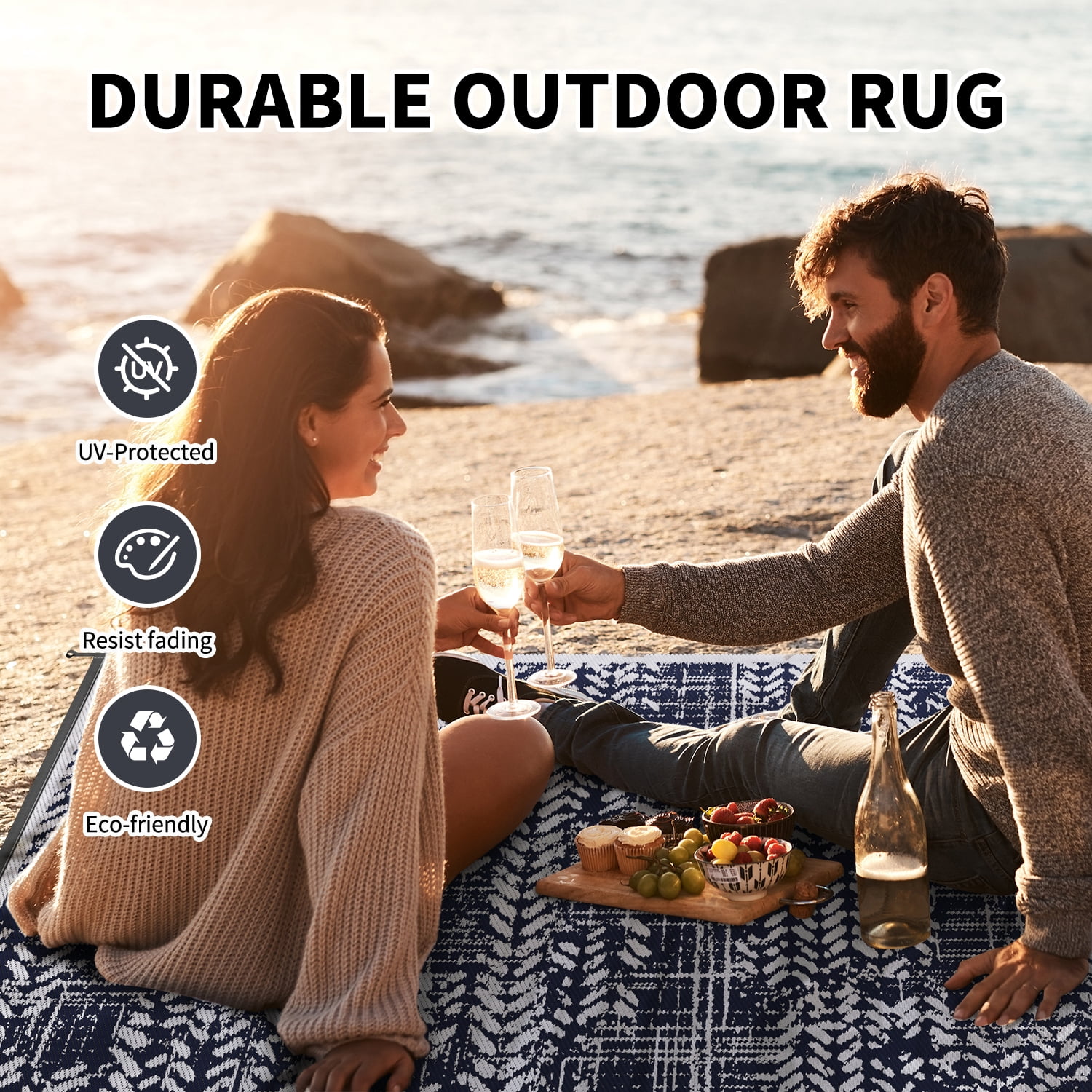 VUNATE Outdoor Rug 9'x12' Patio Rug Waterproof Woven Plastic Outdoor Mat for Picnic RV Porch Camping Reversible Outside Rug Dark Blue and White