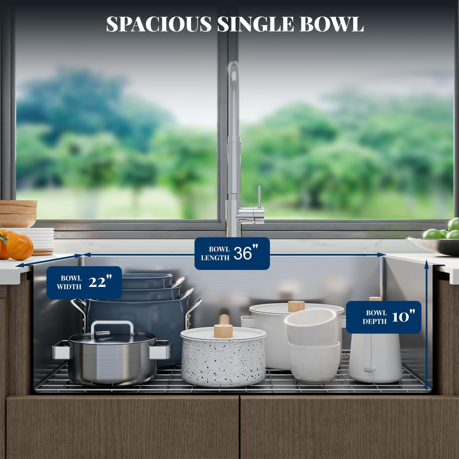 36 x 22 Inch Drop-In Kitchen Sink, T304 Stainless Steel Single Bowl Top Mount, 10" Deep Flush Rim, Brushed Finish, Bottom Grid and Drain Included