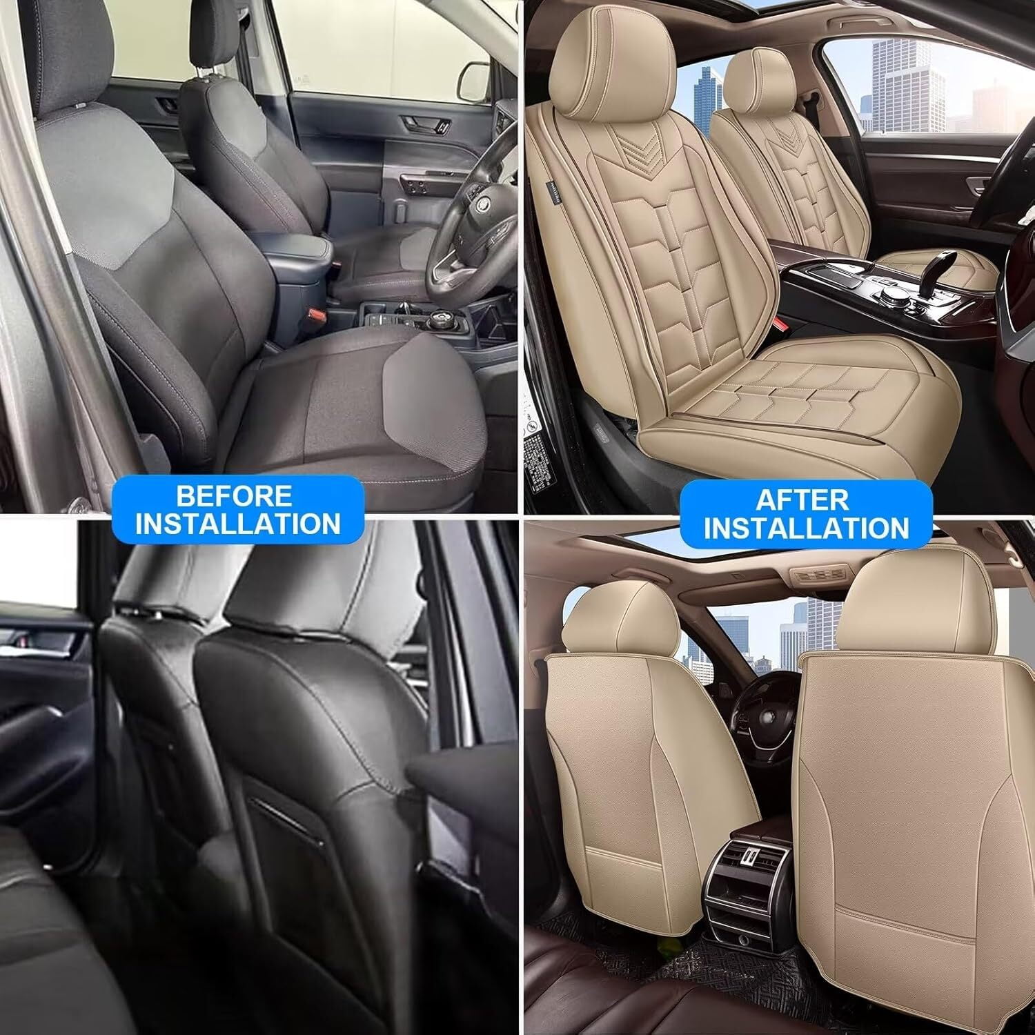 LAONNVIR Leather Car Seat Covers,Breathable and Waterproof Faux Leather Automotive Seat Covers for Cars SUV Pick-up Truck,Universal Anti-Slip Driver Seat Cover with Backrest(Beige,Full Seat)